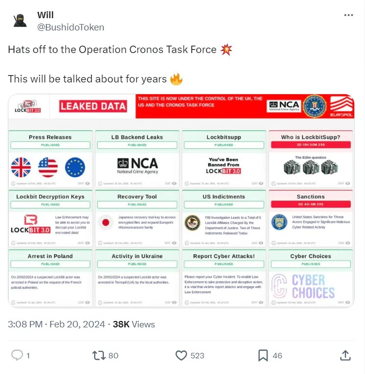 BushidoToken tweet about Operation Cronos (source: X)