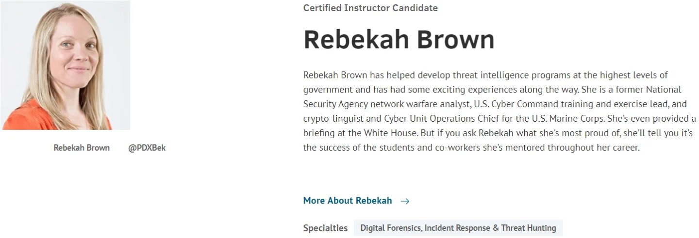 Rebekah Brown SANS profile, CTI Experts