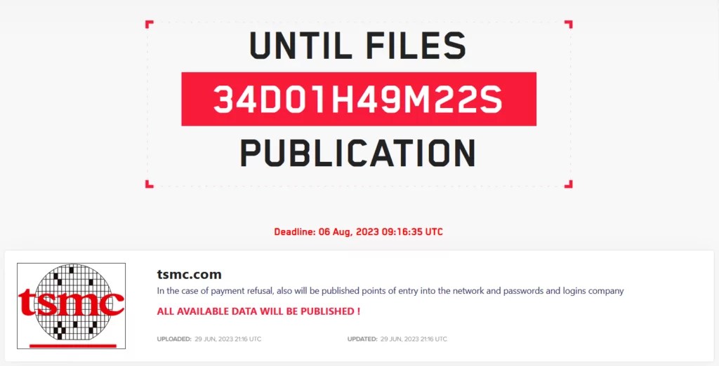 The disclosure of the TSMC hacking on the Lockbit’s leak site.